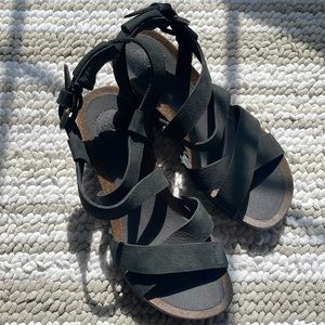 TEVA Mahonia Soft Black Leather Cross Strap Cork Wedge Sandals Size 6.5